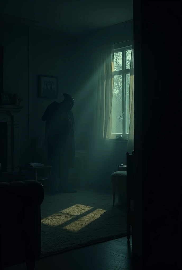 a dark living room with shadows on the walls, nightmare