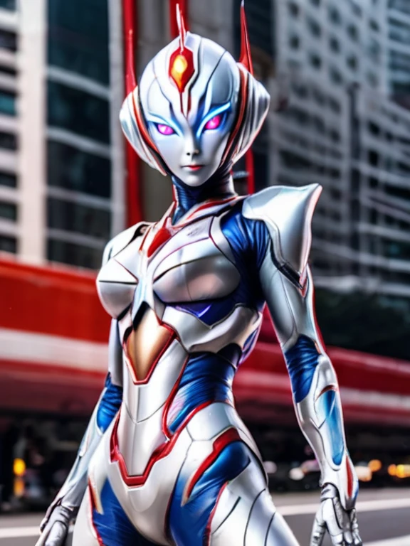 A female alien with a silver body and red and blue lines.、Large milky white eyes、Female Ultraman、Crouching with legs wide open、セクシーなポーズ