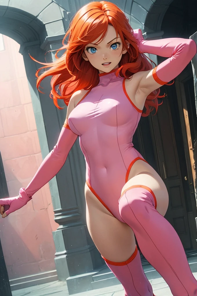 (masterpiece、Highest quality、detailed、HD、Highest quality、High resolution、Solo Character) {{Orange-red hair:(Reddish orange long hair、Light blue eyes、Serious expression、Open Mouth Smile、Beautiful female body、Beautiful feet)、(Pink one-piece leotard、Pink Boots、Pink knee pads、pink arm sleeves、Pink elbow pads、Pink gloves)、(There are no people around、)}}