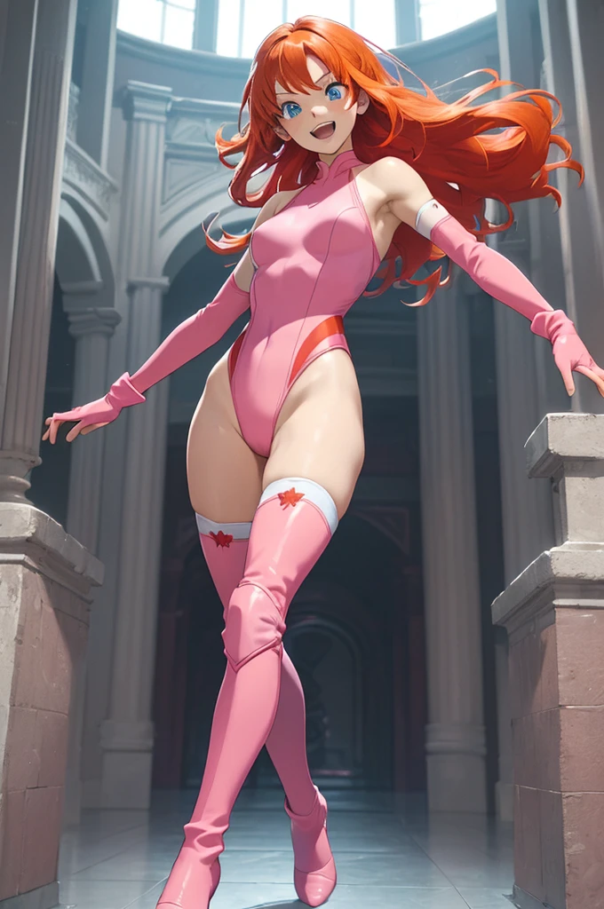 (masterpiece、Highest quality、detailed、HD、Highest quality、High resolution、Solo Character) {{Orange-red hair:(Reddish orange long hair、Light blue eyes、Serious expression、Open Mouth Smile、Beautiful female body、Beautiful feet)、(Pink one-piece leotard、Pink Boots、Pink knee pads、pink arm sleeves、Pink elbow pads、Pink gloves)、(There are no people around、)}}