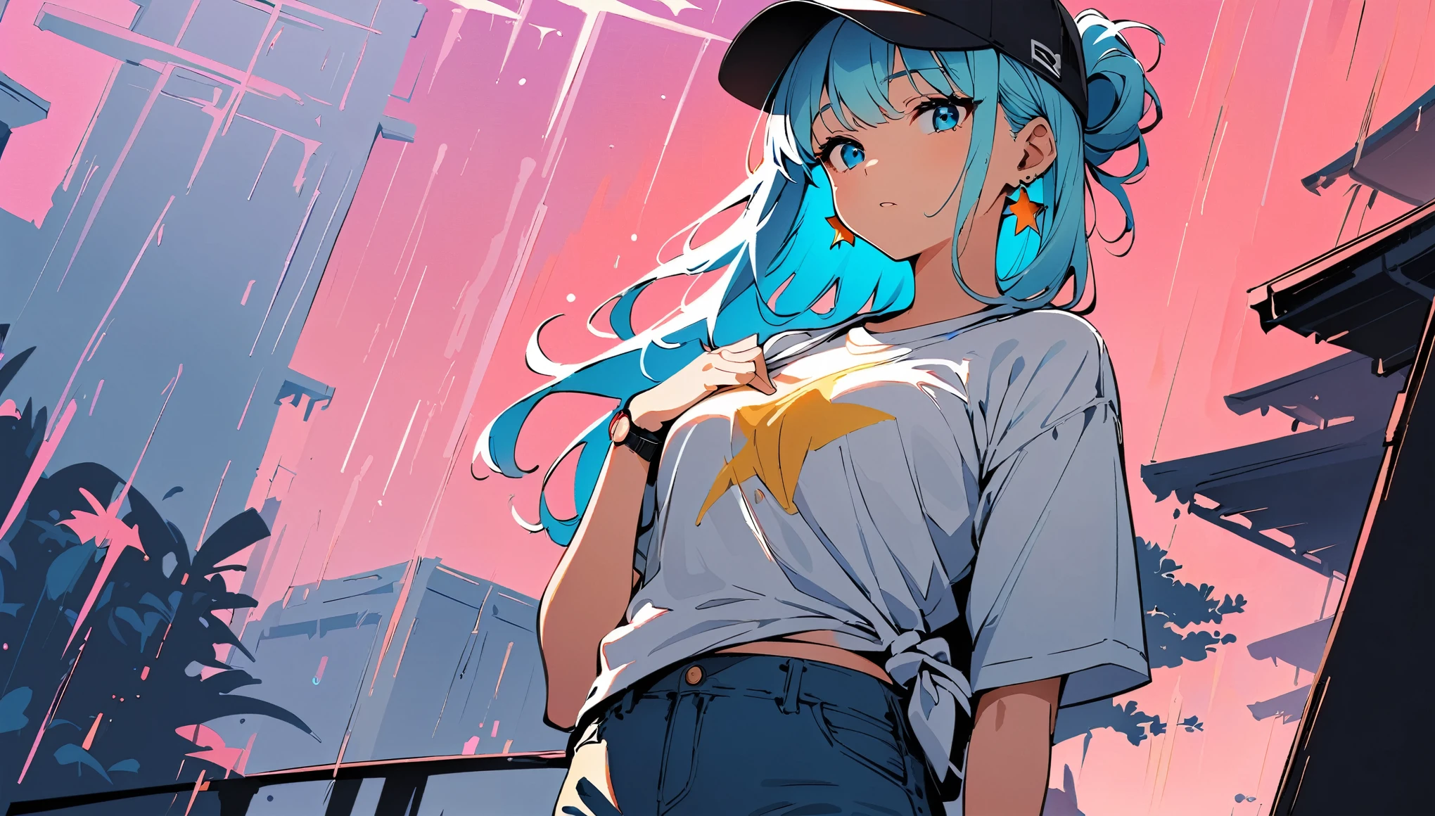 (high quality, 8k, 4K, High Contrast, masterpiece:1.2, 最high quality, Best aesthetics), (Dynamic Angle), ((1 female teen)), ((Plain and bright background)), ((Flat Color)),(Plain white T-shirt on the upper body), (jeans), Looking at the audience, Upper Body, Transparent Background, Sleepy eyes, High Contrast, Contrasting colors, Cowboy Shot, Pale pink and blue lighting, Long Hair, ((Tied Hair)) , Light blue hair, Small star-shaped earrings in both ears, Wearing a baseball cap, watch, bright eyeshadow, Cool look, Soap bubble, Small Tits, Her bra is slightly visible through her T-shirt , Clothes wet from the rain. Raining background