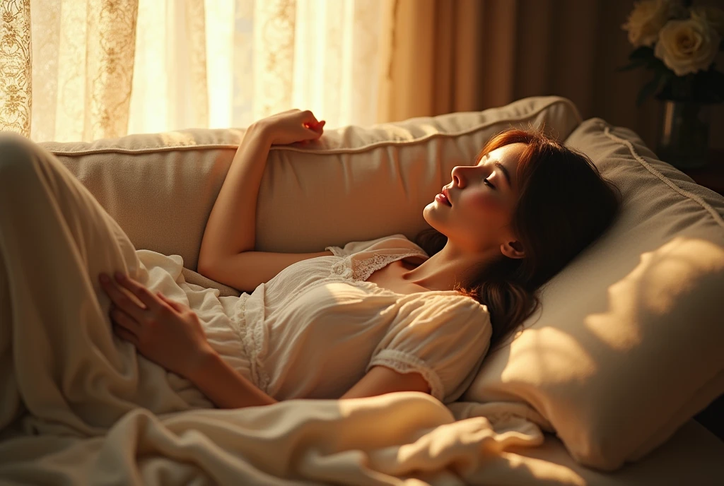 ((masterpiece, highest quality, Highest image quality, High resolution, photorealistic, Raw photo, 8K, Extremely detailed CG unified 8k wallpaper)), The last scene of a romantic film, a woman sleeping on her favorite couch on a sunny holiday afternoon, a gentle breeze gently shaking the lace curtains, “my favorite couch” written in the center of the screen, (view from above:1.4),