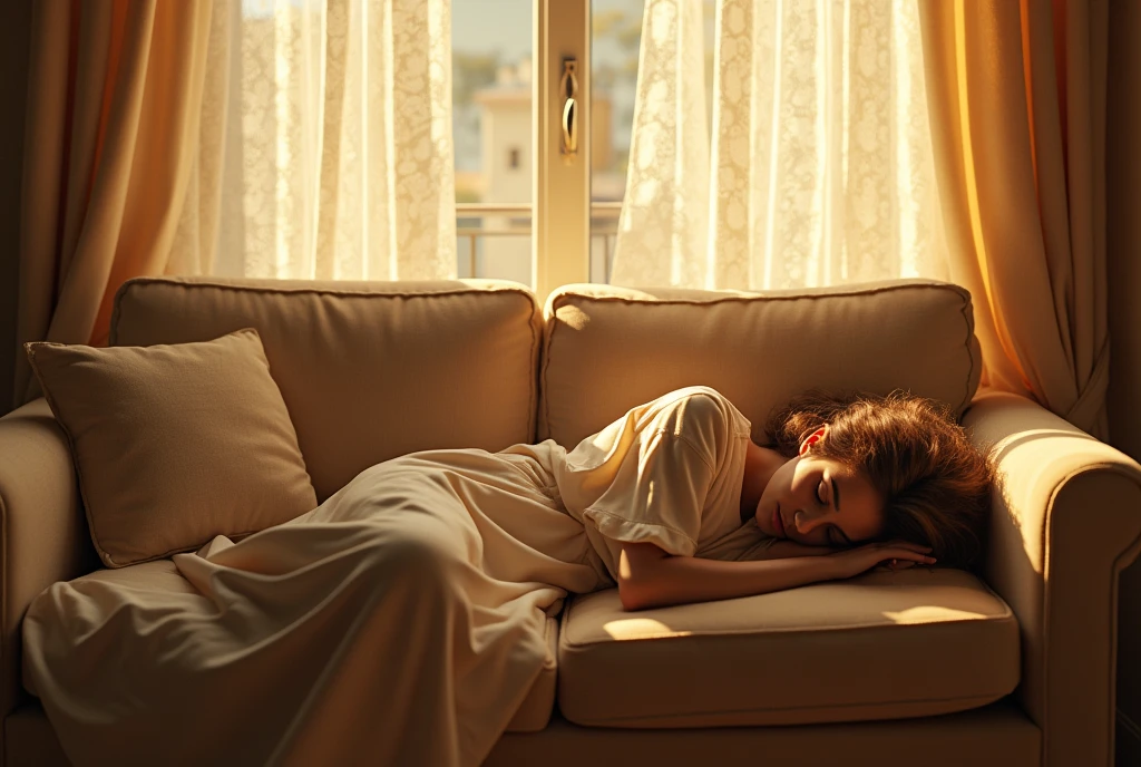 ((masterpiece, highest quality, Highest image quality, High resolution, photorealistic, Raw photo, 8K, Extremely detailed CG unified 8k wallpaper)), The last scene of a romantic film, a woman sleeping on her favorite couch on a sunny holiday afternoon, a gentle breeze gently shaking the lace curtains, “my favorite couch” written in the center of the screen, (view from above:1.4),