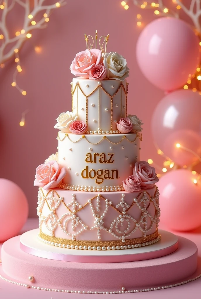 An interesting and delightful 3D rendering of a three-tiered, golden birthday cake designed specifically for Greysmar. Each level is intricately decorated with flowers, pearls and noble accessories, exuding an air of royalty and sophistication. The message " ARAZ DOGAN" written elegantly in various shades of golden yellow adds liveliness to the scene. Pink balloons and twinkling fairy lights surrounding the cake create a magical atmosphere. The cake stands majestically on the resulting pink colored table, further enhancing the festive atmosphere. The entire image reflects joy, excitement and the essence of a special day.