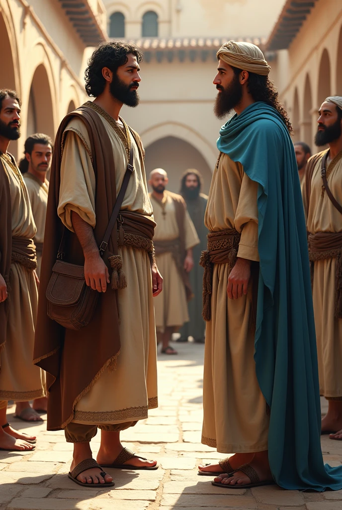 Un hombre de thesis clara, blue eyes, dark brown hair and beard, of 1.80 tall, dressed in bone-colored tunic, a brown skirt down to the knees, a leather bag, sandalias y cloak azul cielo conoce a un hombre judío of 1.81, thesis clara, light brown eyes, long brown hair and beard, He wore a bone-colored tunic, He wears a cloth on his head, cloak, in the courtyard of a 1st century Jewish house, Some men accompany them and watch