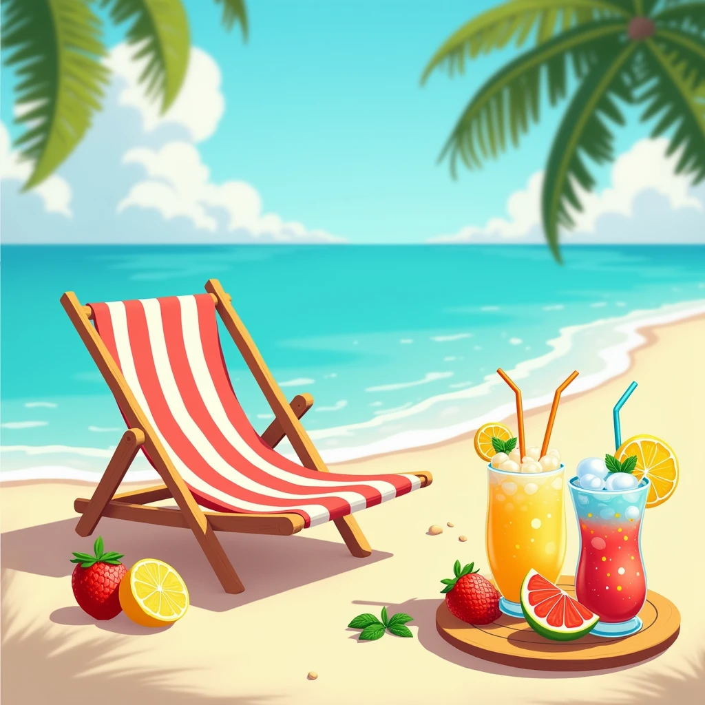 Beach,Beach椅,An iced drink,Lemon slices on cup,mint,Colored drinks,straw,There are some fruits around,Disney style