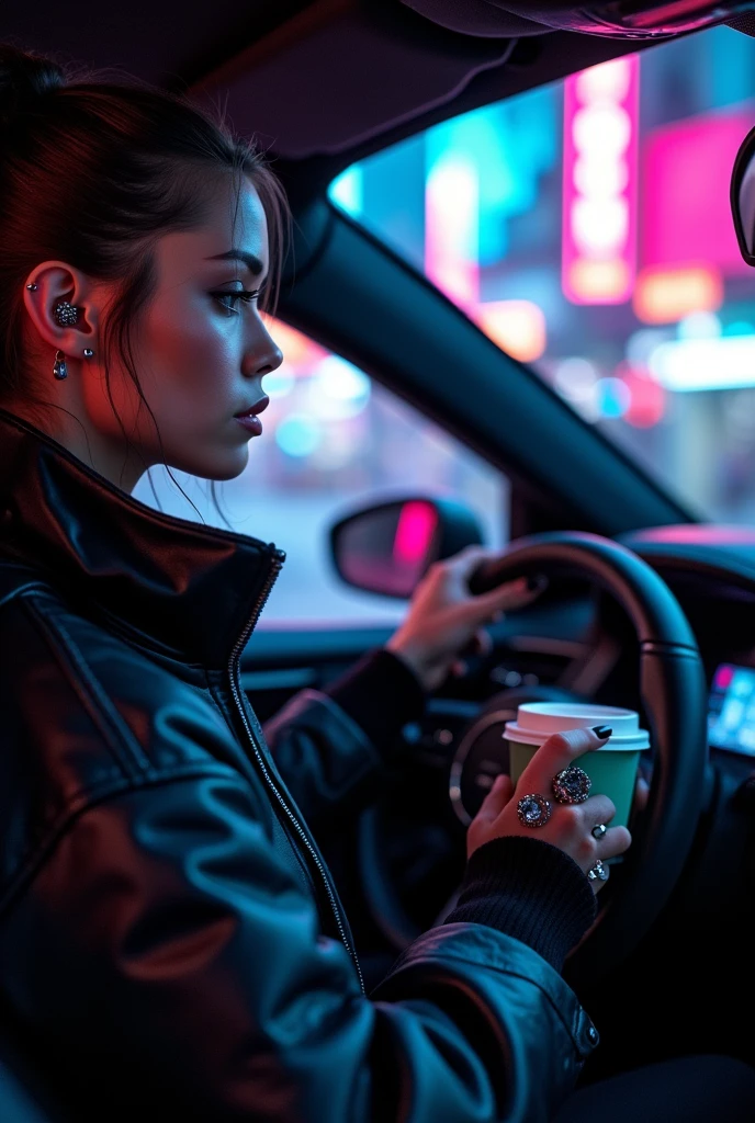 Neon Art,Woman Driving,Holding the handle with the right hand,Holding a cup of coffee in his left hand,Taken from the passenger seat,Highest quality,８K,Expressionless,Have multiple piercings,cyber punk