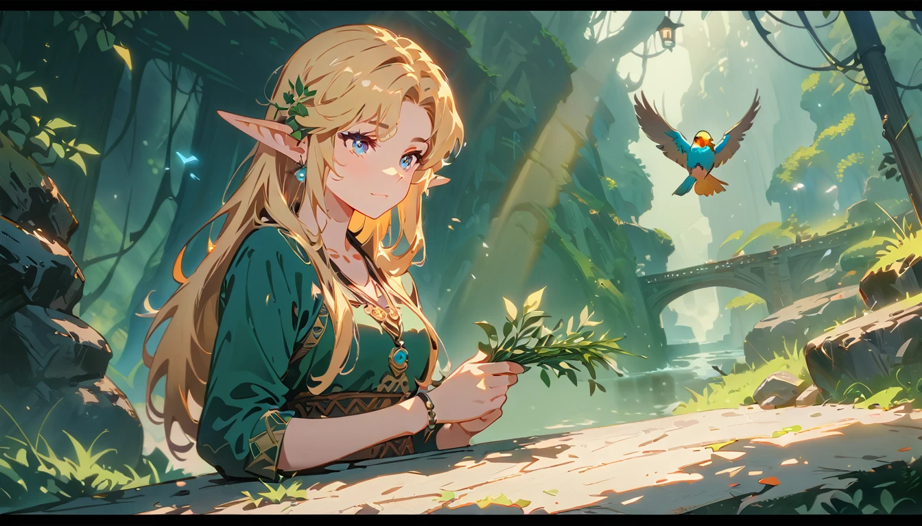 Female Adventurer, whole body, Game Art Style, (masterpiece), best quality, high resolution, 4K, 8k, More details, intricate details, movie lights, amazing quality, 1 girl, bird、bard、Herb Play,elf ears、Ash blonde hair, Excellent Shading, soft lighting, perfect eyes


