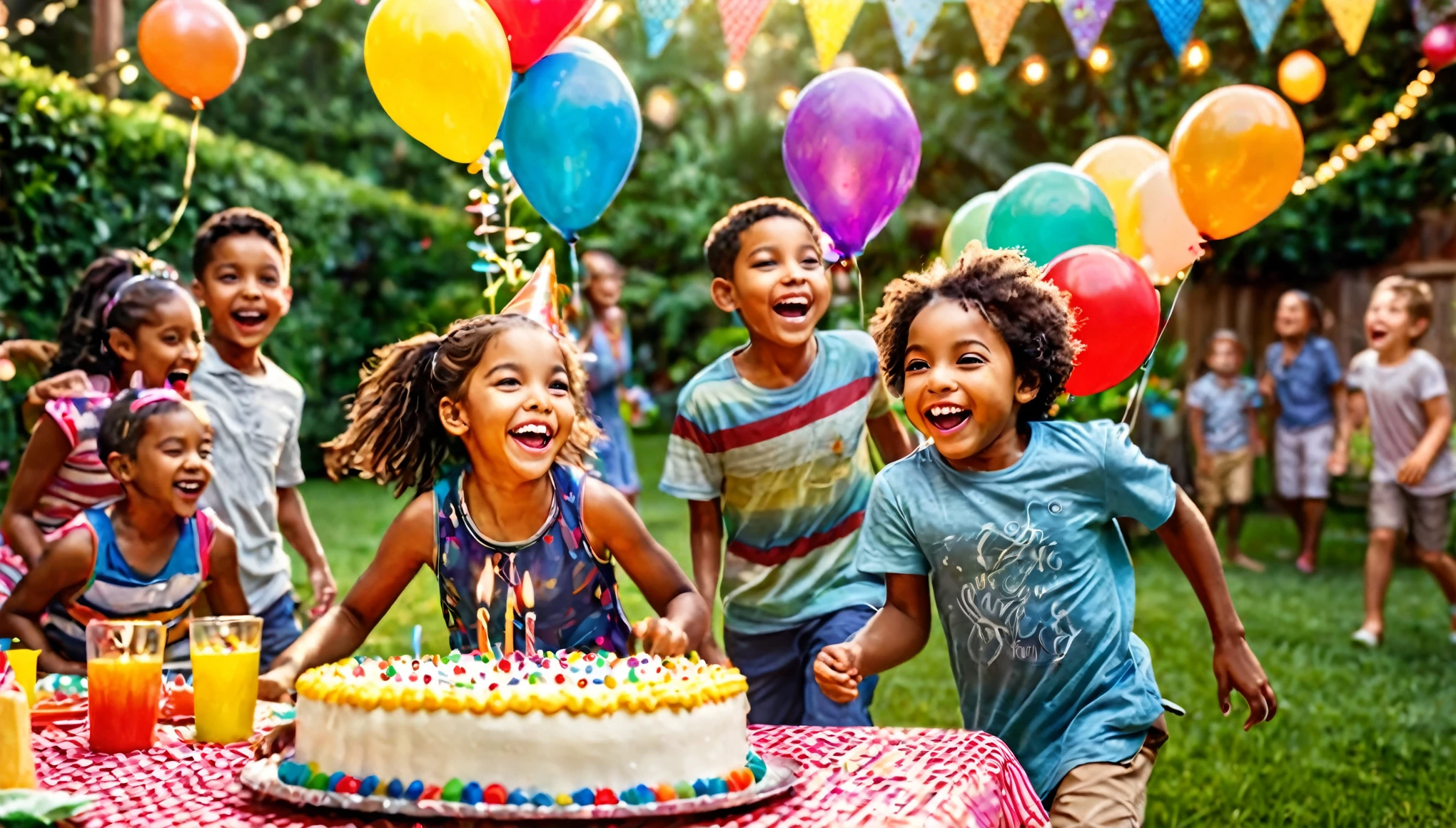 intricate detailed portrait of a group of children at a birthday party, 1 girl, 2 boys, 5-8 years old, varied ethnicity, outdoor backyard setting, children running and playing, laughing, joyful expressions, table with birthday cake and decorations, colorful balloons, lush greenery, vibrant colors, warm lighting, photorealistic, high resolution, masterpiece, ultra-detailed, hyperrealistic
