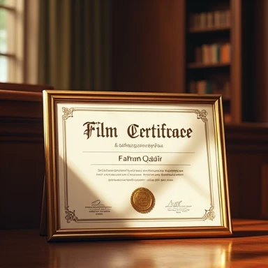 There is a film directing and screenwriting certificate. The certificate verified from the best company and academy. The certificate is granted for "Farhan Qadir". Ultra HD.