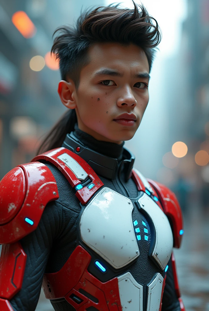 a young 17 year old boy wearing a red and white exoskeleton armor, a robot face on his chest , malaysian mullet hairstyle, detailed face and eyes, highly detailed, 8k, photorealistic, cinematic lighting, concept art, sci-fi. Led light blue.led light robot face on body Punisher. Marvel.. 