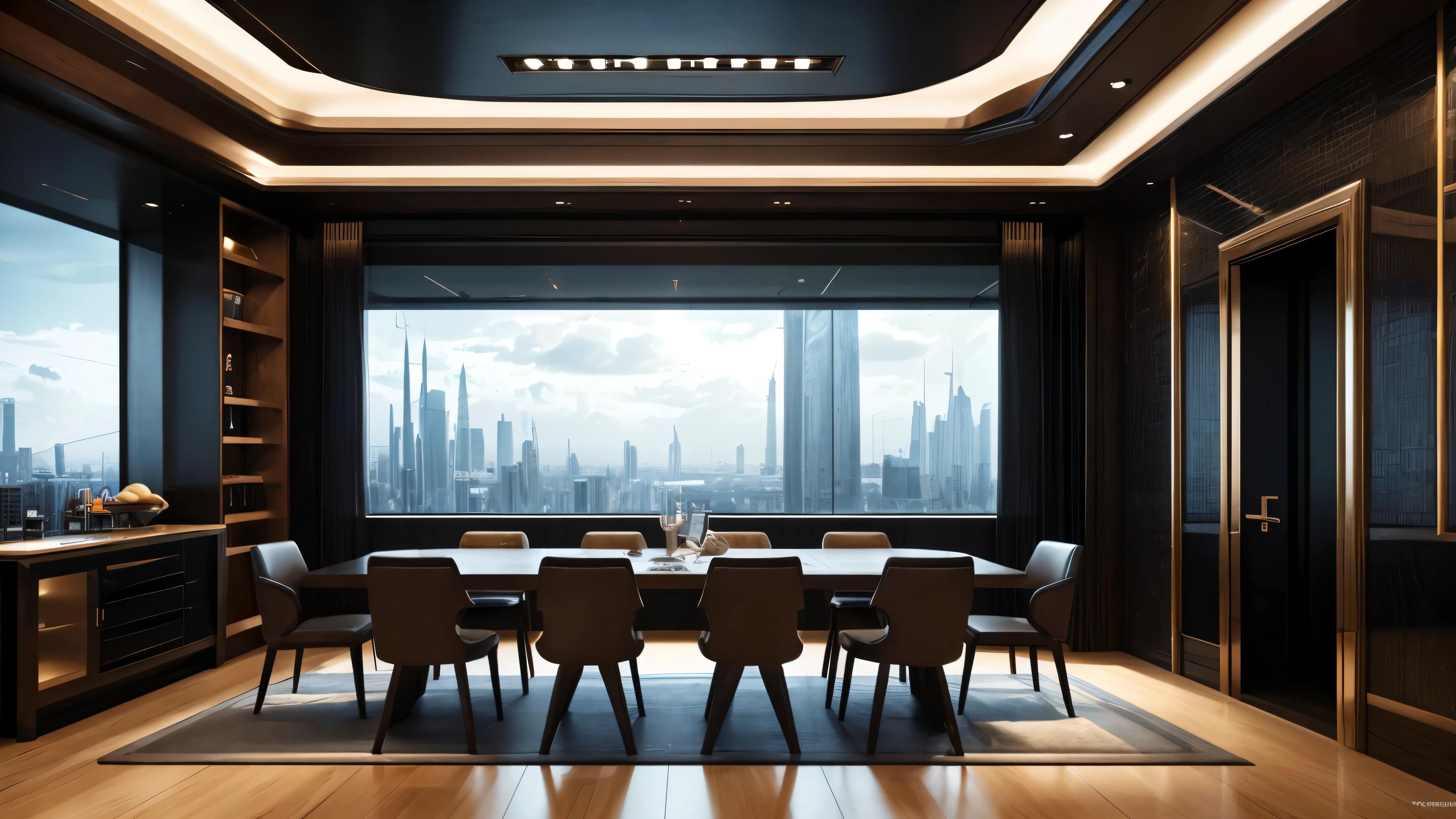 scifi, luxury diningroom, architectual, space design, cyberpunk, futuristic, hightech, hard-surface design, daylight, much tech, much electronic, much space, very cozy, ambient light, realistic view, wide angle, year 2124