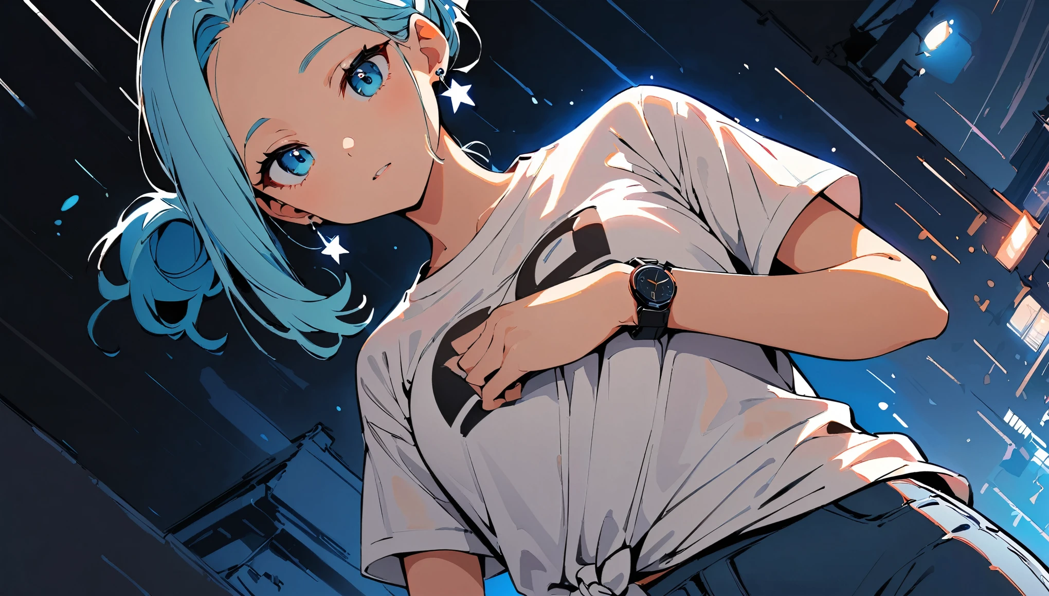 (high quality, 8k, 4K, High Contrast, masterpiece:1.2, 最high quality, Best aesthetics), (Dynamic Angle), ((1 female teen)), ((Plain and bright background)), ((Flat Color)),(Plain white T-shirt on the upper body), (jeans), Looking at the audience, Upper Body, Transparent Background, Sleepy eyes, High Contrast, Contrasting colors, Cowboy Shot, Pale pink and blue lighting, Long Hair, ((Tied Hair)) , Light blue hair, Small star-shaped earrings in both ears, Wearing a baseball cap, watch, bright eyeshadow, Cool look, Soap bubble, Small Tits, Her bra is slightly visible through her T-shirt ,　Clothes wet from the rain.　Raining background