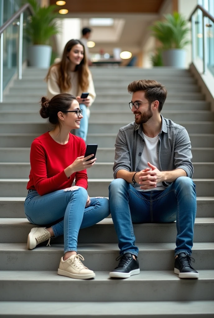1 girl and 1 couple is sitting on the wide stairs in office area and talking, the girl is wearing a red top and jeans and specs and the boy is wearing a grey check shirt and jeans and both are wearing white shoes, a friend of both of them is also sitting with them, she is using her phone. She is sitting on the stairs one below them, boy talking to red top girl