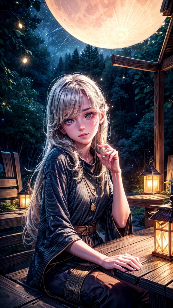 a boy sitting beside a small hut under a bright full moon, colorful insects flying, warm light inside the hut, glowing stars in the night sky, lush nature surrounding the scene, (best quality,4k,8k,highres,masterpiece:1.2),ultra-detailed,(realistic,photorealistic,photo-realistic:1.37),intricate details,vibrant colors,anime style,beautiful detailed eyes,beautiful detailed lips,extremely detailed face and features,long eyelashes,soft lighting,glowing moon,fireflies,warm cabin light,starry night sky,dense foliage,idyllic landscape