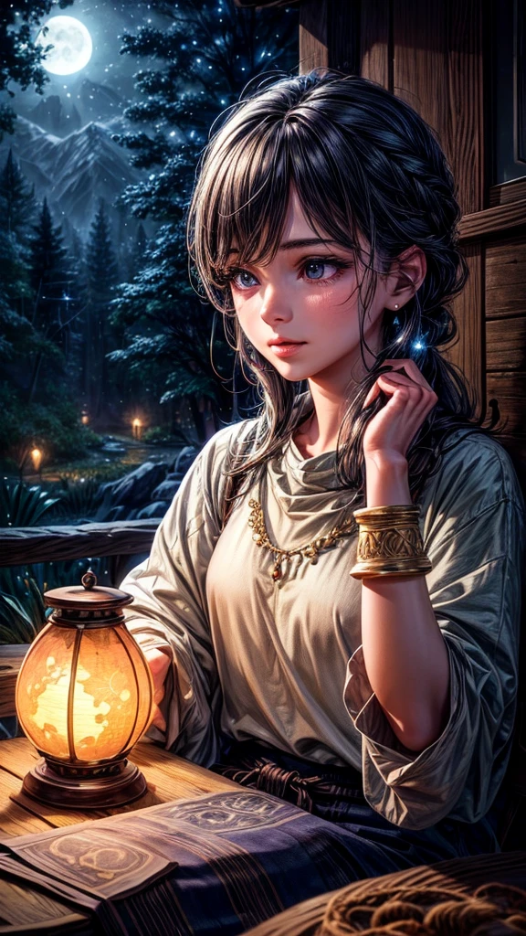a boy sitting beside a small hut under a bright full moon, colorful insects flying, warm light inside the hut, glowing stars in the night sky, lush nature surrounding the scene, (best quality,4k,8k,highres,masterpiece:1.2),ultra-detailed,(realistic,photorealistic,photo-realistic:1.37),intricate details,vibrant colors,anime style,beautiful detailed eyes,beautiful detailed lips,extremely detailed face and features,long eyelashes,soft lighting,glowing moon,fireflies,warm cabin light,starry night sky,dense foliage,idyllic landscape