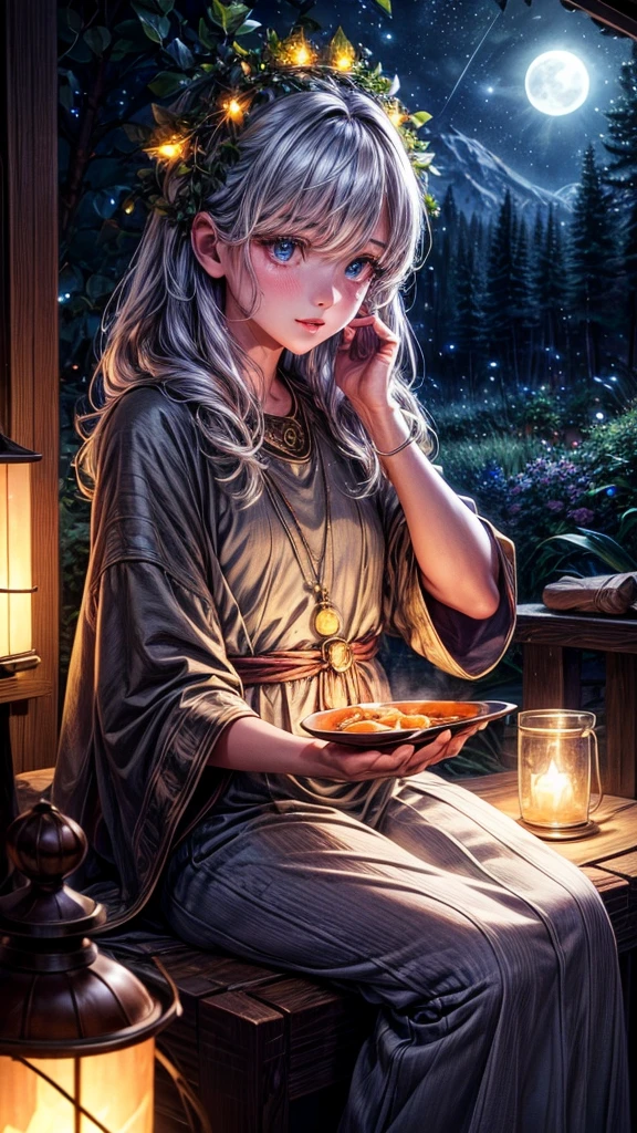 a boy sitting beside a small hut under a bright full moon, colorful insects flying, warm light inside the hut, glowing stars in the night sky, lush nature surrounding the scene, (best quality,4k,8k,highres,masterpiece:1.2),ultra-detailed,(realistic,photorealistic,photo-realistic:1.37),intricate details,vibrant colors,anime style,beautiful detailed eyes,beautiful detailed lips,extremely detailed face and features,long eyelashes,soft lighting,glowing moon,fireflies,warm cabin light,starry night sky,dense foliage,idyllic landscape