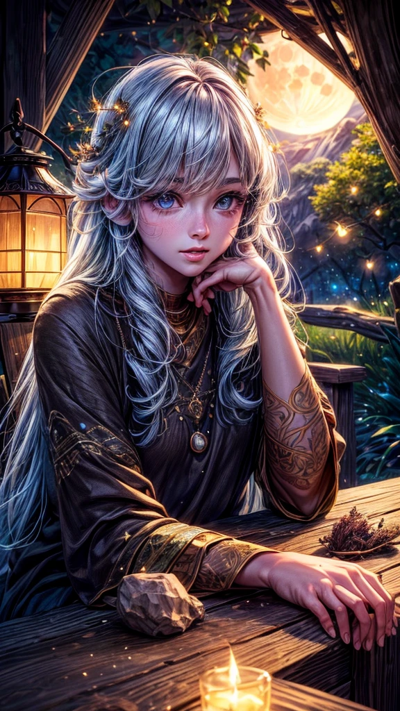 a boy sitting beside a small hut under a bright full moon, colorful insects flying, warm light inside the hut, glowing stars in the night sky, lush nature surrounding the scene, (best quality,4k,8k,highres,masterpiece:1.2),ultra-detailed,(realistic,photorealistic,photo-realistic:1.37),intricate details,vibrant colors,anime style,beautiful detailed eyes,beautiful detailed lips,extremely detailed face and features,long eyelashes,soft lighting,glowing moon,fireflies,warm cabin light,starry night sky,dense foliage,idyllic landscape