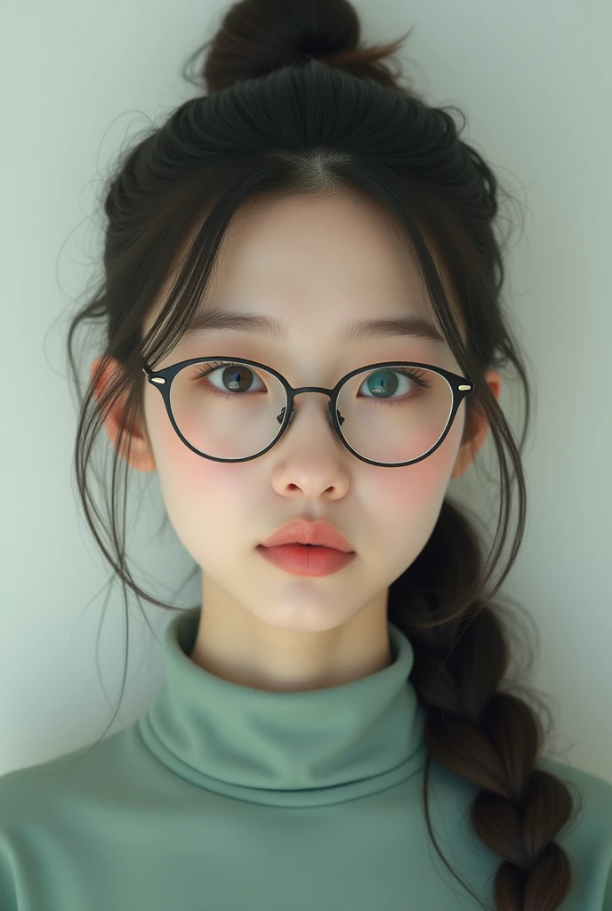 Brown 23 years old girl, almond eyes, simple glasses, High ponytail, sage high neck shirt, simple spectacles, photorealistic, potrait 