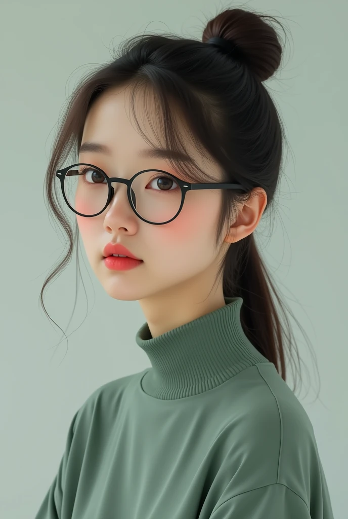 Brown 23 years old girl, almond eyes, simple glasses, High ponytail, sage high neck shirt, simple spectacles, photorealistic, potrait 