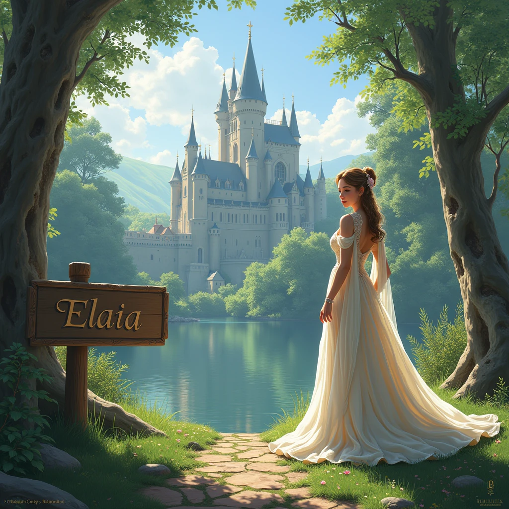 An elegant princess gracefully leans against a sign bearing the name "ELAIA", which announces its majestic castle visible in the background. The Castle, Surrounded by lush trees and a serene body of water, It stands as a symbol of beauty and tranquility in the middle of the natural landscape..