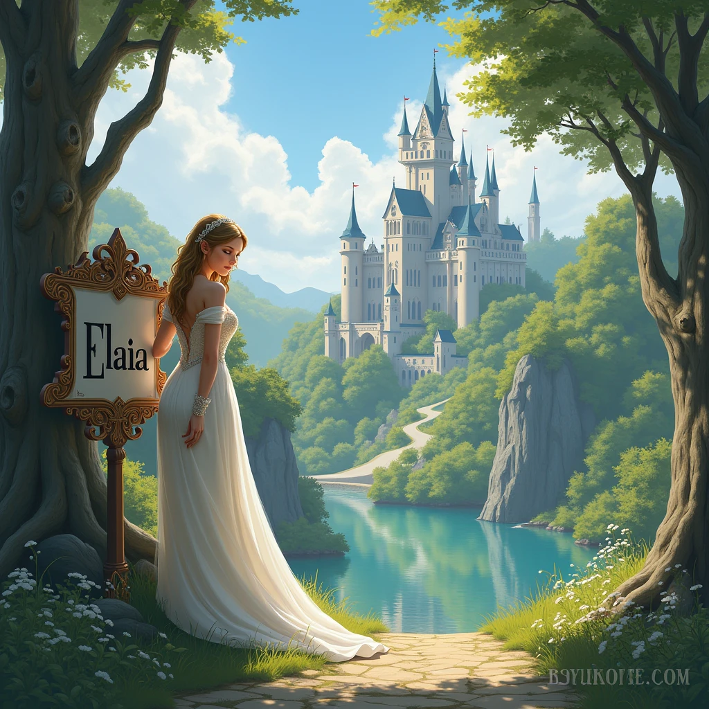 An elegant princess gracefully leans against a sign bearing the name "ELAIA", which announces its majestic castle visible in the background. The Castle, Surrounded by lush trees and a serene body of water, It stands as a symbol of beauty and tranquility in the middle of the natural landscape..