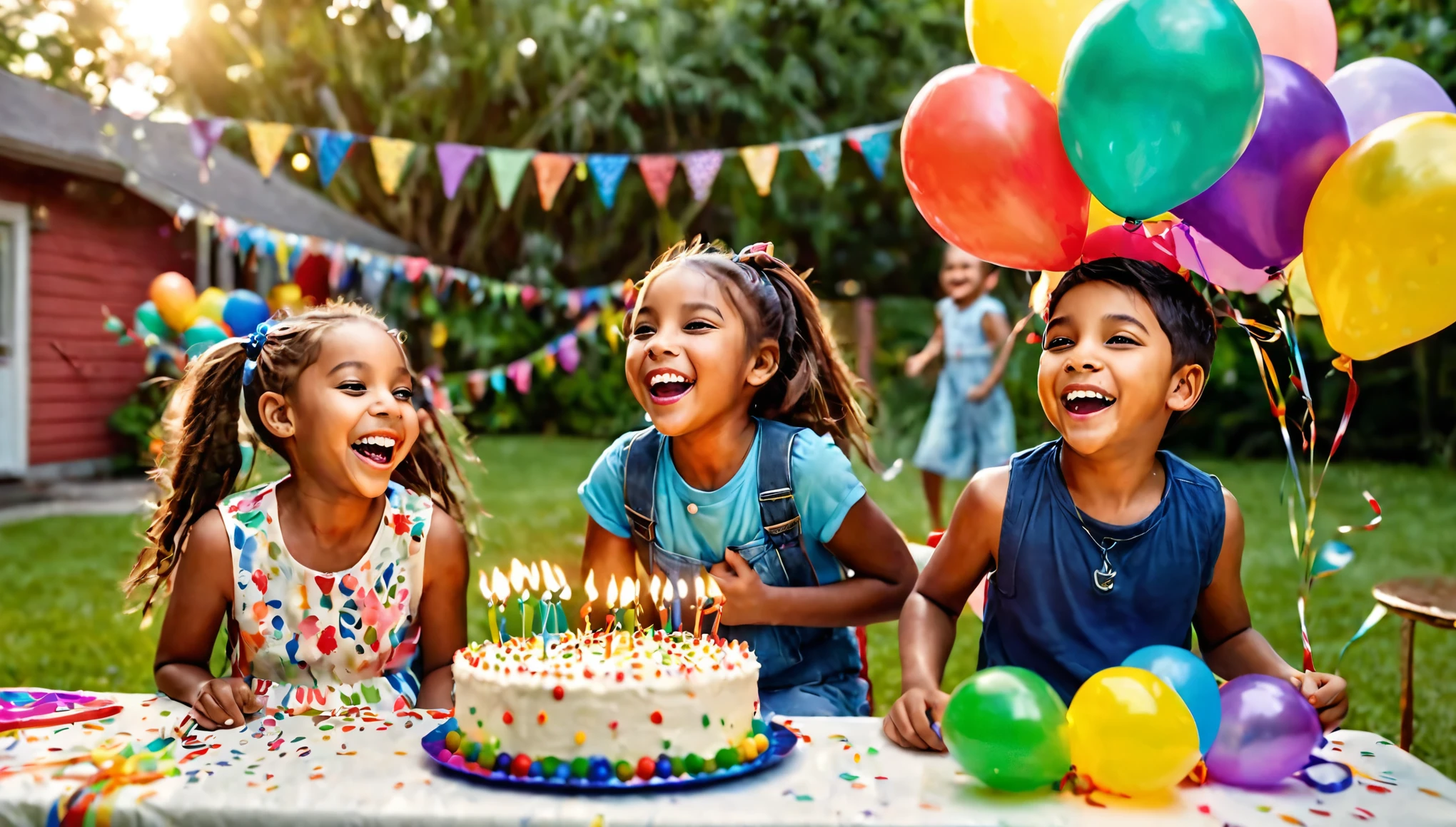 intricate detailed portrait of a group of children at a birthday party, 1 girl, 2 boys, 5-, varied ethnicity, outdoor backyard setting, children running and playing, laughing, joyful expressions, table with birthday cake and decorations, colorful balloons, lush greenery, vibrant colors, warm lighting, photorealistic, high resolution, masterpiece, ultra-detailed, hyperrealistic