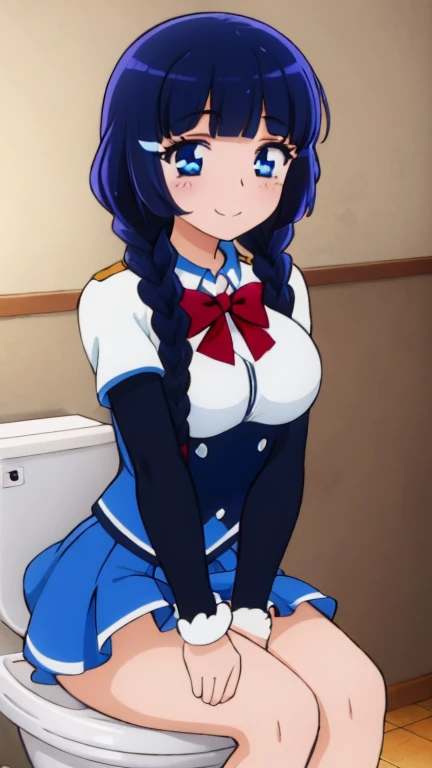 8k ,braids, huge natural breasts, seductive pose, shy embarrassed smile, cheerleader uniform, sexy hips, sitting on toilet ,reika "Cure Beauty, Chloe, Glitter Breeze" Aoki,Bluehair,Blue pupil,((Poop buri!!)),