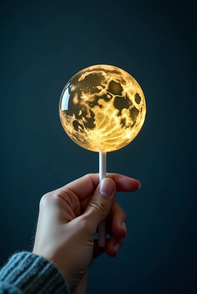 A hand holds a crystal clear light golden round moon lollipop from the lower left，simple，Movie Lighting，专业photography，Studio Lighting，dark blue desktop background，photography，Intricate details，Ultra Detail，Hyper-photorealism，8K Ultra HD 