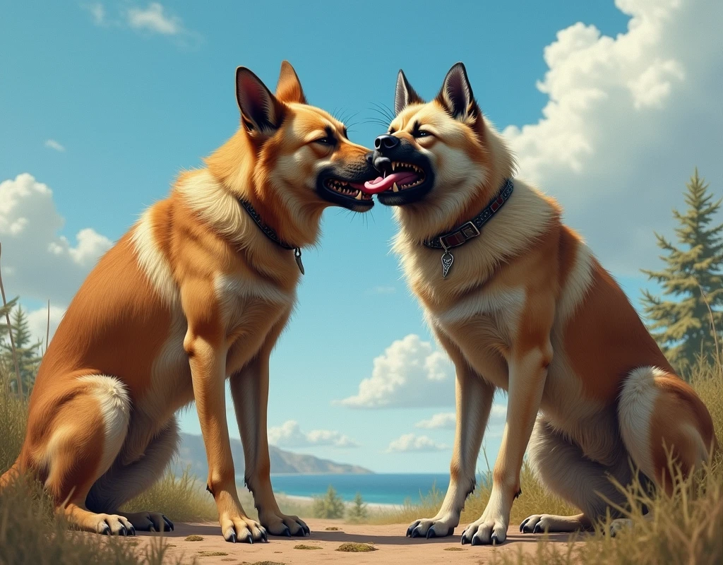 ((((photorealistic feral dog)))), ((((feral, duo)))),  ((((huge penis, deep throat, oral, hands on head, forced)))), ((((standing, side view, excessive urine, eyes closed, mouth bulge)))), outside, sunny, blue skys, best quality, shaded, extreme detail, highly detailed, ultradetailed, intricate, realistic, detailed background, hi res, realistic, photorealism, ((((dog)))), ((((mouth bulge))))