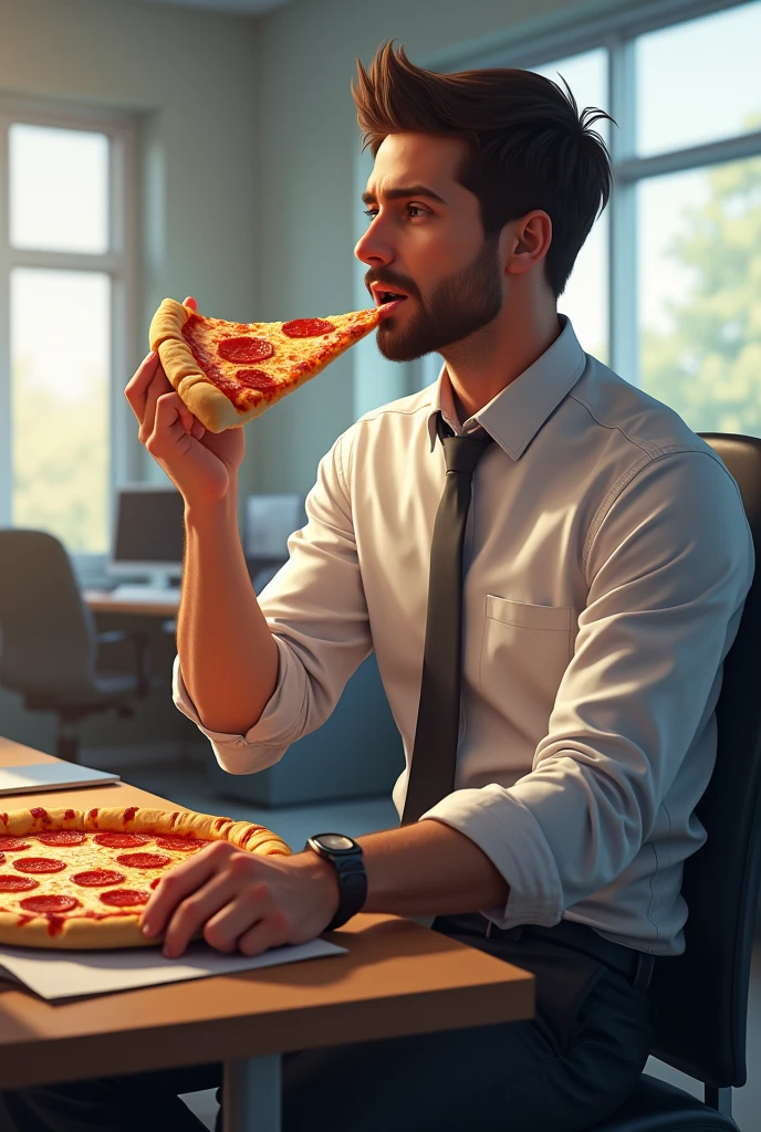 Man ina office with eating pizza 