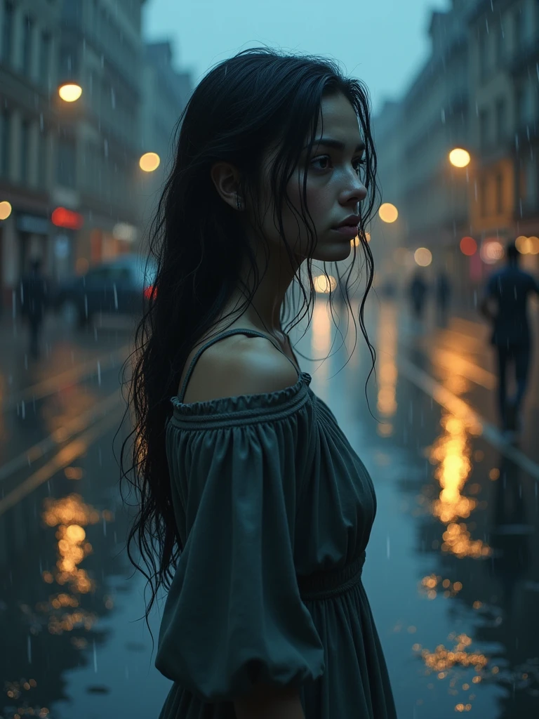 A young woman, solo, with beautiful detailed eyes and lips, standing alone in the rain at dusk. Her extremely detailed face reflects sorrow and lost thoughts, with her wet hair clinging to her face. Her eyes are distant, as if trapped in painful memories. The raindrops create ripples in the puddles around her, reflecting the fading city lights. She wears a flowing dress that adds to the somber atmosphere.