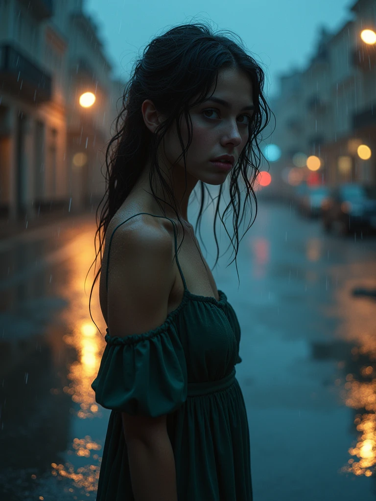 A young woman, solo, with beautiful detailed eyes and lips, standing alone in the rain at dusk. Her extremely detailed face reflects sorrow and lost thoughts, with her wet hair clinging to her face. Her eyes are distant, as if trapped in painful memories. The raindrops create ripples in the puddles around her, reflecting the fading city lights. She wears a flowing dress that adds to the somber atmosphere.