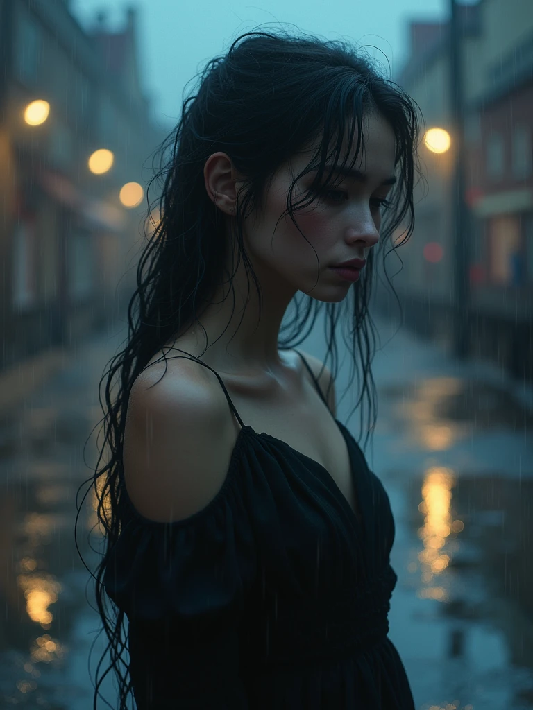 A young woman, solo, with beautiful detailed eyes and lips, standing alone in the rain at dusk. Her extremely detailed face reflects sorrow and lost thoughts, with her wet hair clinging to her face. Her eyes are distant, as if trapped in painful memories. The raindrops create ripples in the puddles around her, reflecting the fading city lights. She wears a flowing dress that adds to the somber atmosphere.