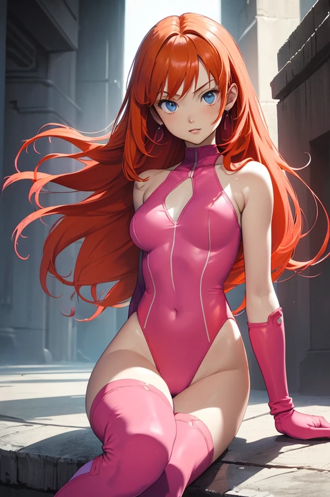 (masterpiece、Highest quality、detailed、HD、Highest quality、High resolution、Solo Character) {{Orange-red haired girl:(Reddish orange long hair、Light blue eyes、Serious expression、Open Mouth Smile、Beautiful female body、Beautiful feet)、(Pink one-piece leotard、Pink Boots、Pink knee pads、pink arm sleeves、Pink elbow pads、Pink gloves)、(There are no people around、)}}