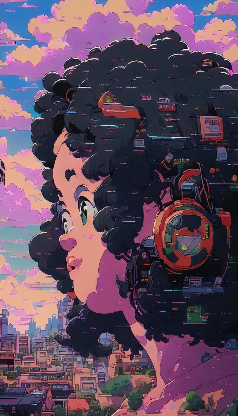 alone, lofi artstyle, lofi art, city, town, 80s anime style, Retro, Lo-Fi, masterpiece, best quality, (extremely detailed CG unity 8k wallpaper), (best quality), (best illustration), (best shadow), absurdres, realistic lighting, (Abyss), beautiful detailed reglow, Headphone, headphone ear, 1boy, black hair, cloud, from side, hood, jacket, male focus, messy hair, outdoors, profile, rain, short hair, sky, solo, sunset, upper body