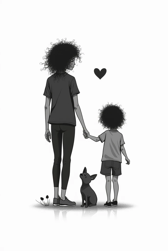 create a black and white tattoo minimalist style vector, where a with curly hair appears holding hands with a man with curly hair and next to him a little gray cat with a little black chihuahua, that has a spiritual context , that focuses on love and eternity