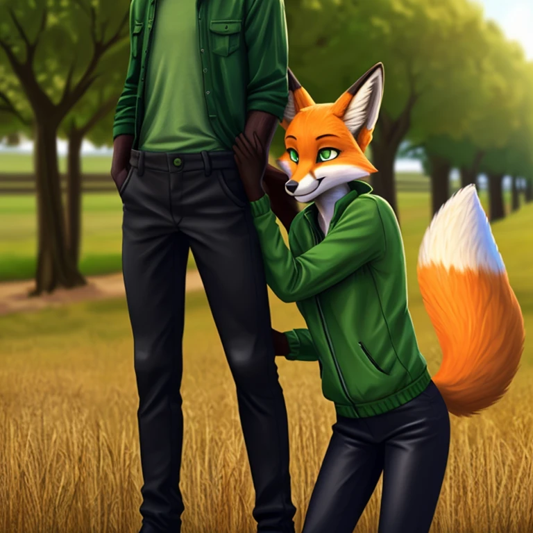 Masterpiece, best quality, high quality, 1Female furry Fox girl, 1Male furry fox, 21 years old, (Fox girl has Green eyes, has slim body, wears Green jacket with farmer pants, has medium breasts), (Fox boy has Green eyes, wears Black leather clothes with farmer pants, slim body, strong build) standing in the Park, hugging, smile, sunny day