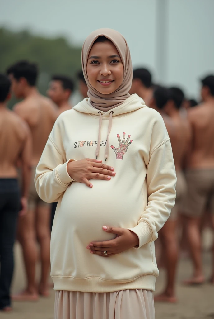 Pregnant, A hijaber indonesian pretty woman, wearing a cream hoodie with a strong vector design featuring a silhouetted image of a five-fingered palm in pastel colour with love and light. The phrase "STOP FREE SEX" is displayed in bold simple elegand, distressed typography with pastel colours, while holding her long skirt, wearing hijab, one-handed pose pointing upwards, in a public place, surrounded by many naked couples, jav idol, with front shooting angle, very realistic, (complex detail: 0.9), (hdr, hyperdetail: 1.2), RAW, Sony Alpha a9 II, 24-105mm f/4, HDR,