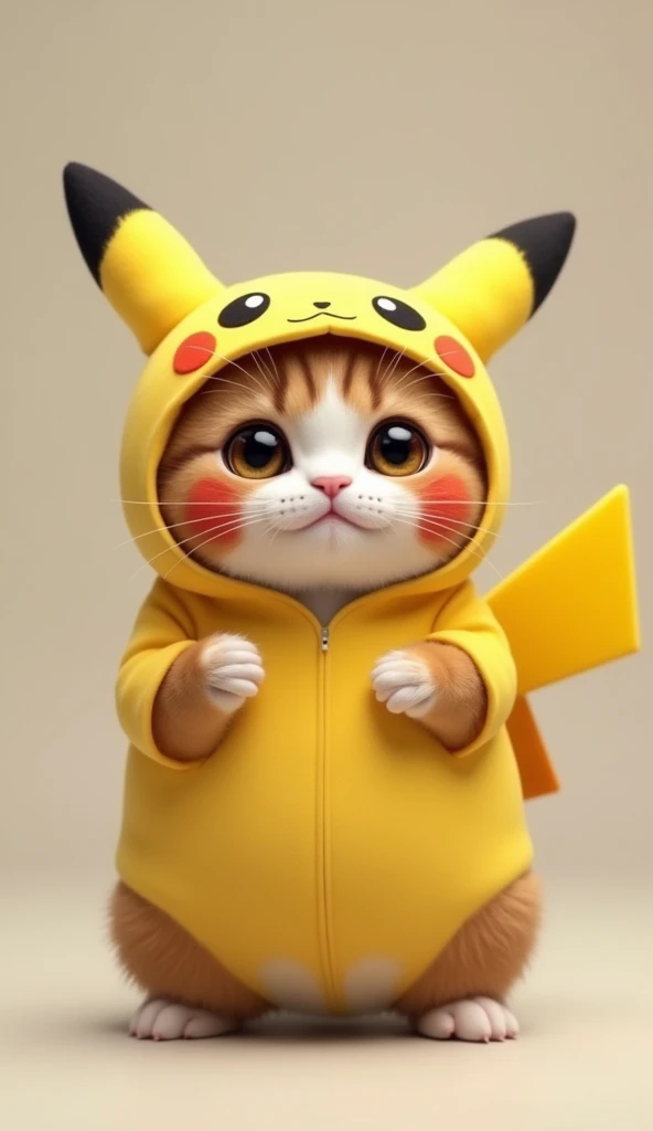 Photorealistic, 64K, A cute fat cat wearing a picachu costume, standing up,