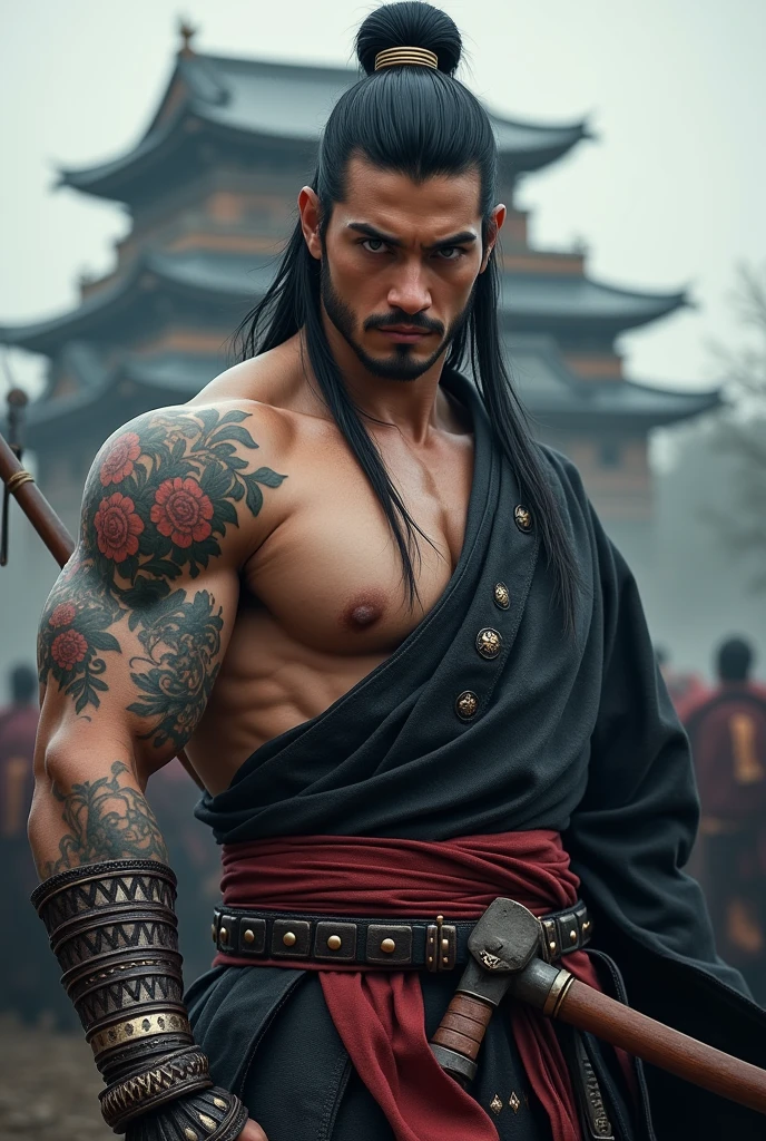Japanの青年. Very handsome, Grey Eyes, Tie up long hair, Broad shoulders and chest, Muscular, Long legs, Big hands. He is big in everything. His arms are covered with tattoos. black eye、Japan、Sengoku、Military commander、Oda Nobunaga、Castle Background,