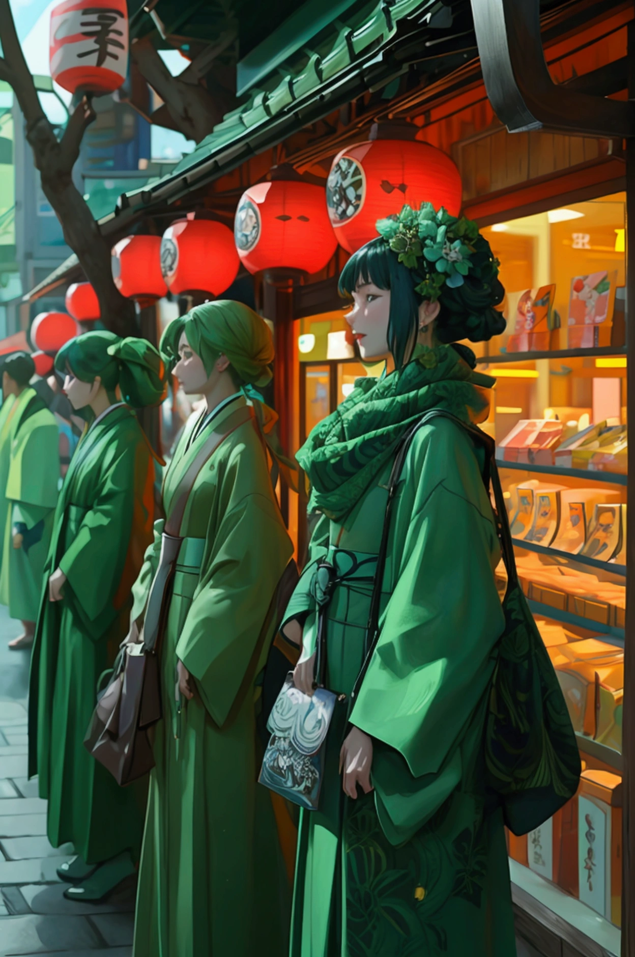 group of people in green dress standing in front of a store, movie announcement Japanese modern style excitement, realistic,
