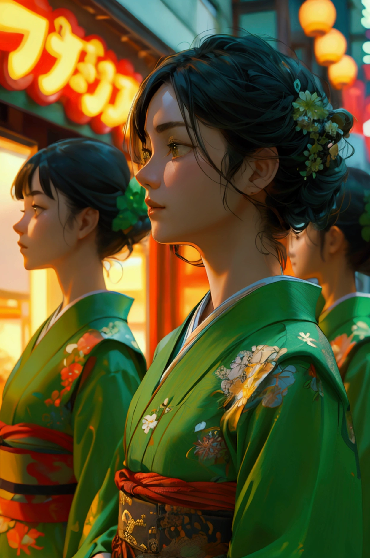 group of people in green dress standing in front of a store, movie announcement Japanese modern  style excitement, realistic,