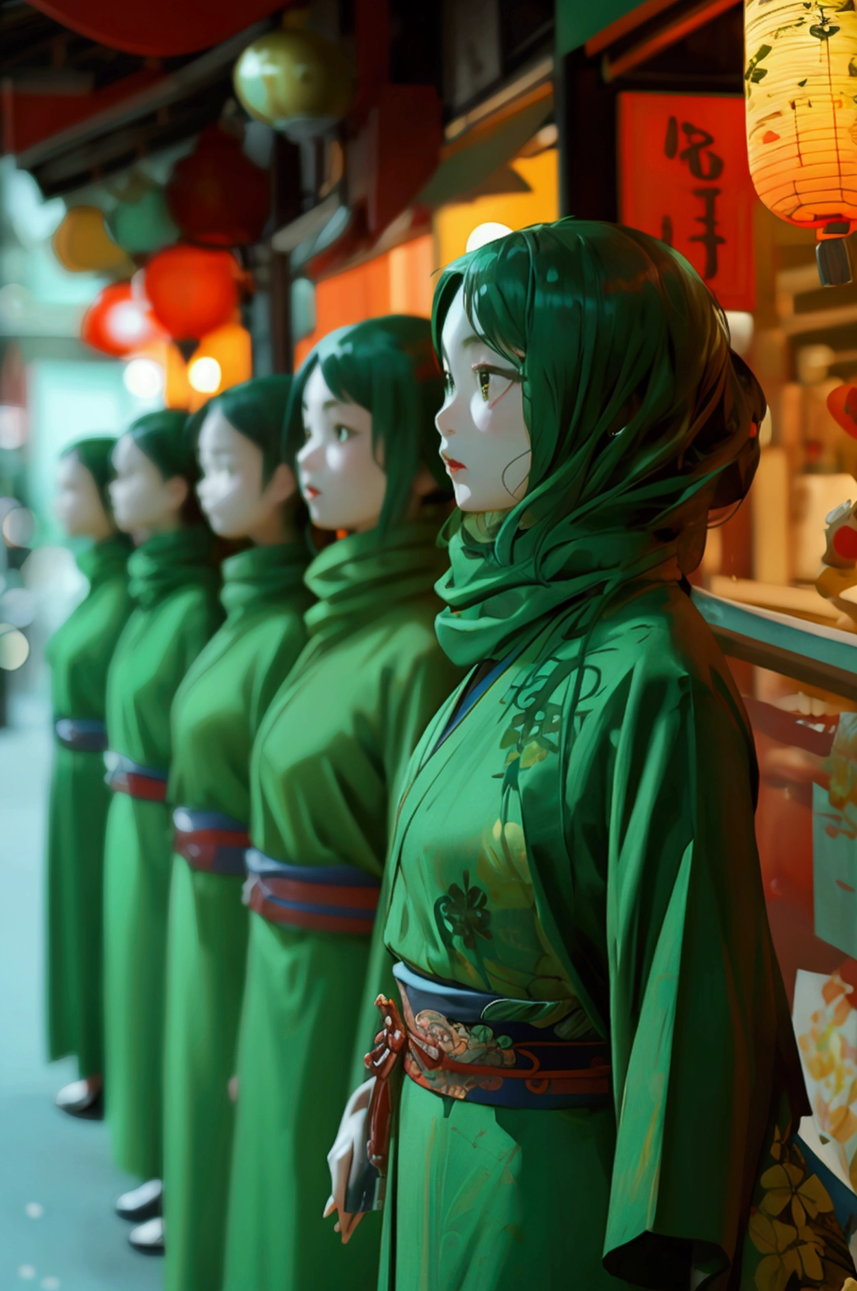 group of people in green dress standing in front of a store, movie announcement Japanese modern  style excitement, realistic,