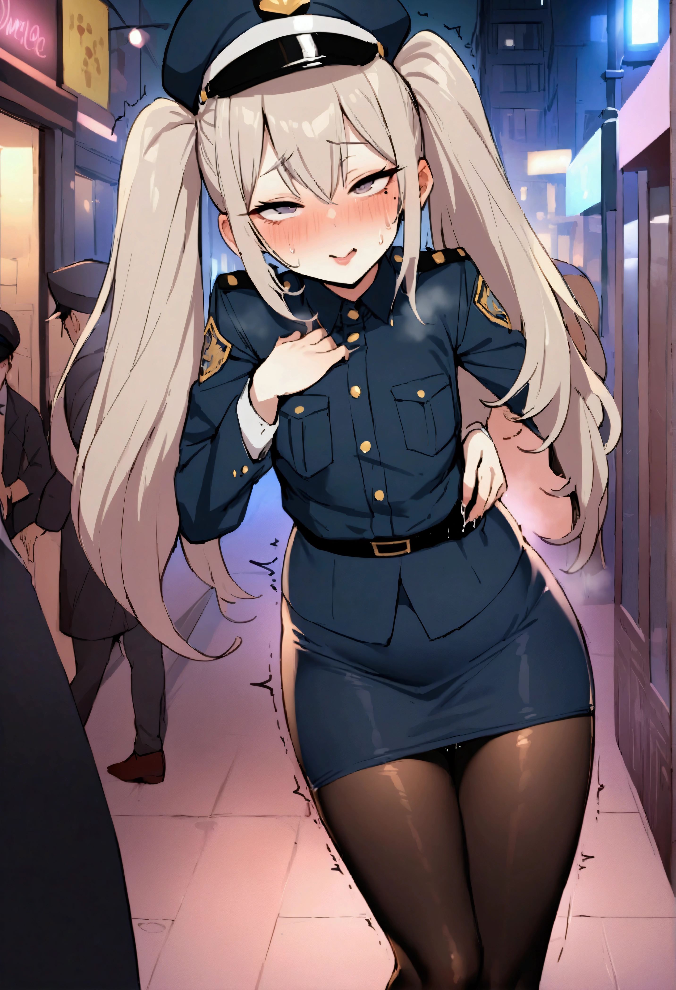 NSFW,masterpiece,Highest quality,High resolution,Very detailed,Baby-faced girl,Young face,Round face,mole,Wolf Cut Hair,Short height,Police Officer,Erect nipples,hat,Pencil Skirt,pantyhose,Heel,Nightlife,In town,(Molester),Embarrassed,(Lustful face),I feel,Trembling,(Middle-aged men),(Have sex),rape,rape,insert,Creampie,orgasm,Squirting,Inserted from behind