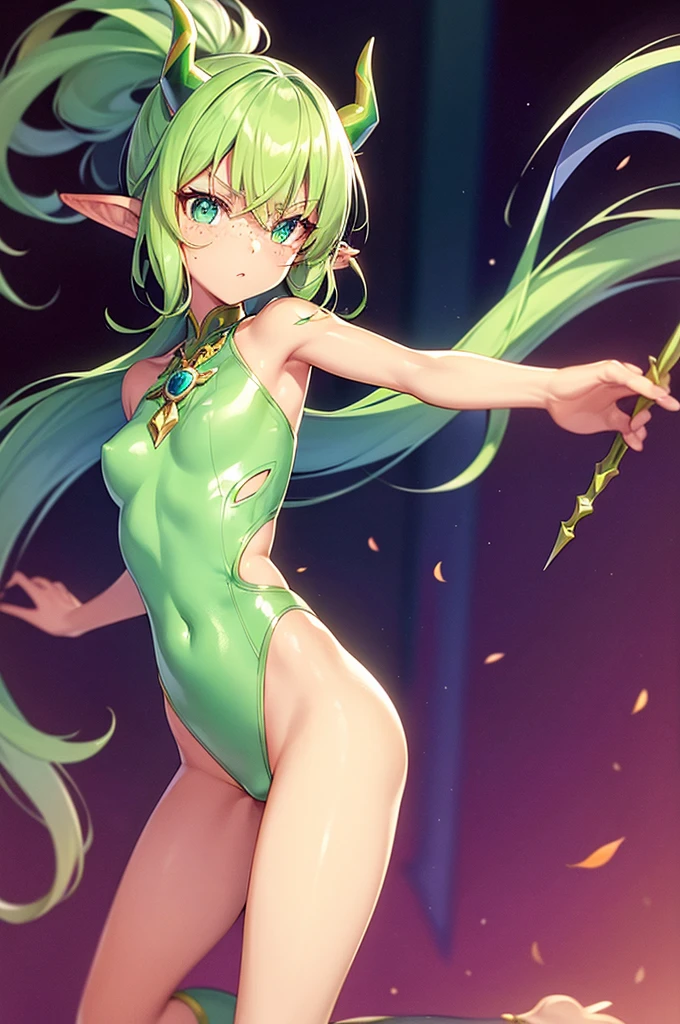 prismatic coloration, holographic environment, young plant girl with a dark skin tone, Elegant, elven ears, tanned skin tone, serious glare, ponytails, leaf green hair, Heterochromia with deep green & Gold eyes, C-cup, lithe, fit, modest tribal attire, full-body, slender legs, footless tights with leafy design, beautiful eyes, freckles, leaf green eyebrows, Cute butt, blank background, (long straight prismatic colored horns:1.2), wielding spear, nsfw, Battle stance, Four arms