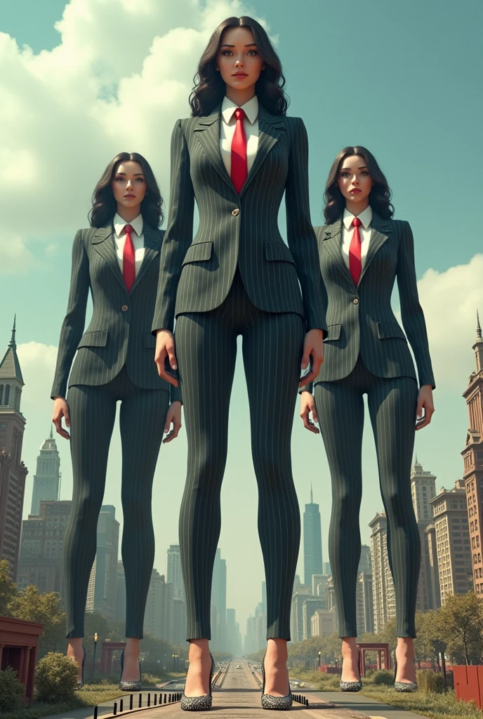 Highly detailed Giantess shot, Giantess, , multiple women who are miles taller than a skyscraper, big breasts, pinstriped suit, white shirt, huge red tie Windsor knot, high heels, very small metropolis, miniature metropolis, crush the big city, full body description, GTS, Giga Goddess, Stomping City, crash city, micro city, High resolution, highest quality, masterpiece,