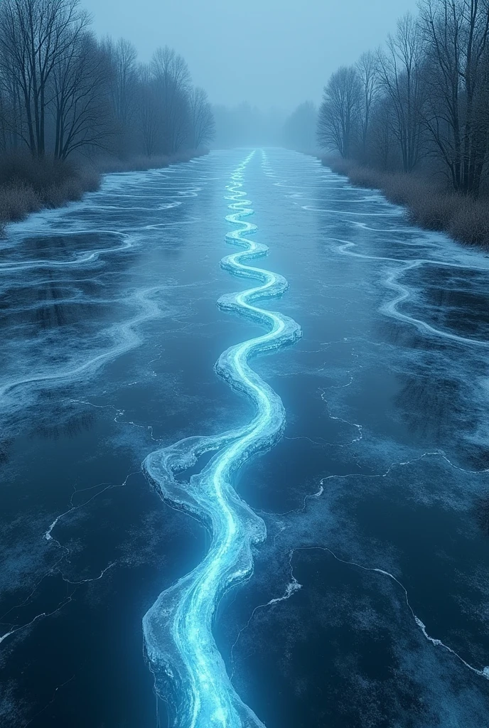HD Wallpapers, Glowing arcs and metallic light chains emitted when the lake surface freezes, High definition top view photography in movie poster style, Game of Thrones style, Unpleasant, fear, Scary expression, Ultra HD, 8K resolution, balanced, High Dynamic Range Color, Strong prominence