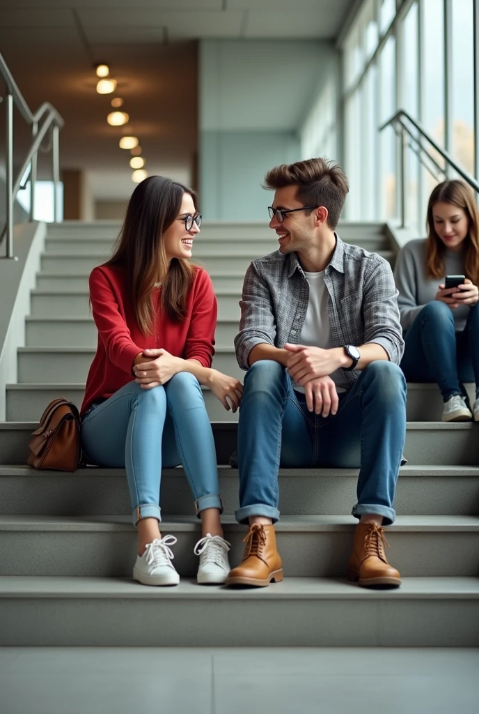 1 girl and 1 couple is sitting on the wide stairs in office area and talking, the girl is wearing a red top and jeans and specs and the boy is wearing a grey check shirt and jeans and both are wearing white shoes, a friend of both of them is also sitting with them, she is using her phone. She is sitting on the stairs one below them, boy talking to red top girl