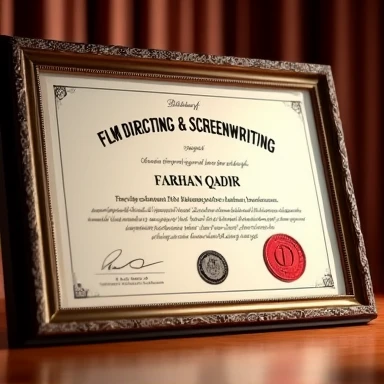 There is a film directing and screenwriting certificate. The certificate verified from the best company and academy. The certificate is granted for "Farhan Qadir". Ultra HD.